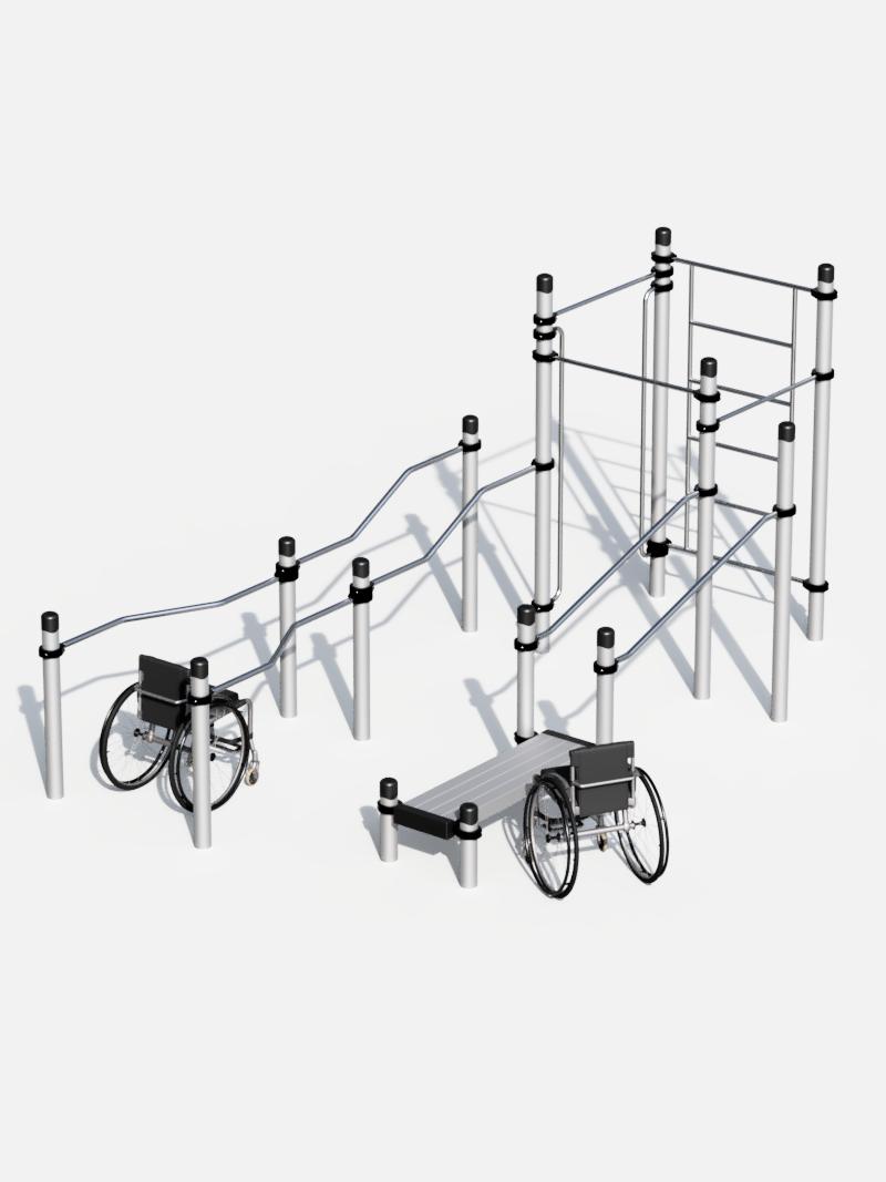 Accessible Calisthenics Workout Station für Rollstuhlfahrer, Calisthenics-Park mit Rampen und Kletterelementen, inklusives Design für öffentliche Fitnessanlagen und Parks.