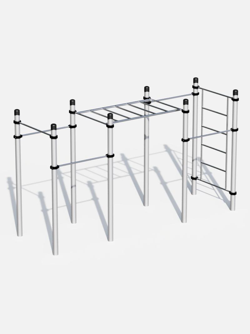 Kompakte Bodyweight-Station ‘ActiveFit’ mit Sprossenwand, Hangelstrecke und Reckstangen, ideal für funktionelles Training und Calisthenics-Übungen in Outdoor-Bereichen.