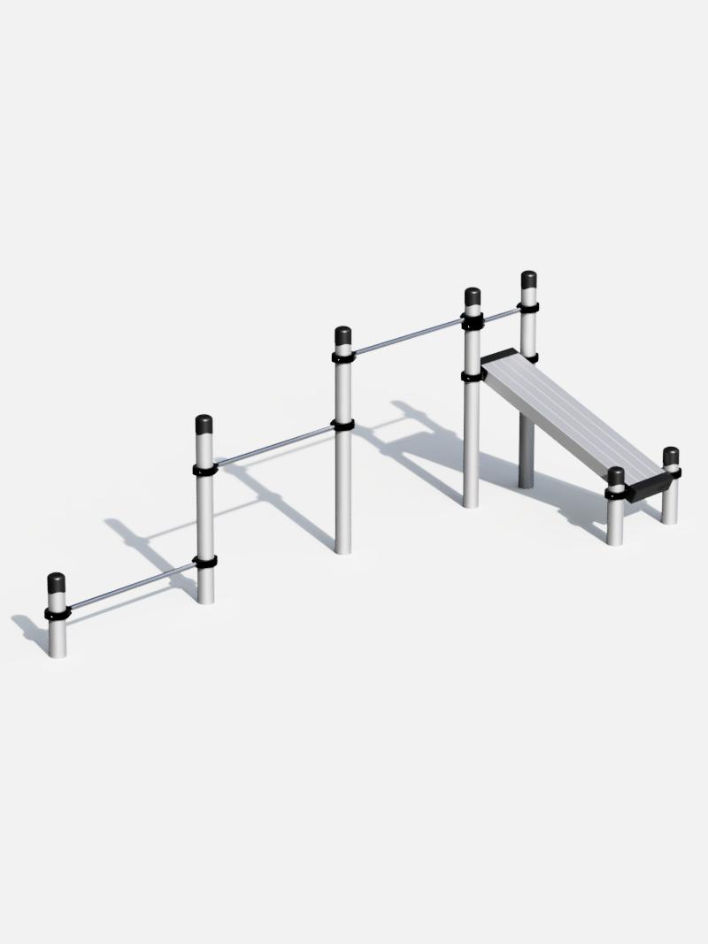 Armzug- und Liegestütz-Station mit Schrägbank von Kenguru Pro, ideal für funktionelles Training im Freien. Perfekt für Parks, Schulhöfe und Fitnessbereiche, um Kraft und Ausdauer zu trainieren.