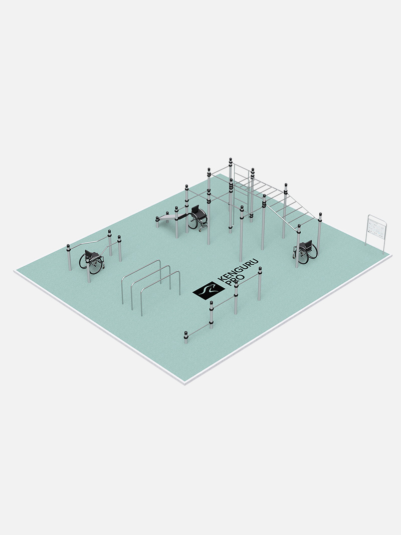 Barrierefreie Calisthenics-Anlage Hannover Südstadt von Kenguru Pro, speziell für inklusives Training entwickelt. Mit angepassten Elementen wie Parallelbarren und Klimmzugstangen für Rollstuhlfahrer. Ideal für öffentliche Parks und barrierefreie Fitnessbereiche.