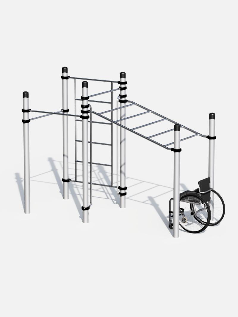 Barrierefreie Calisthenics-Station MIN mit geneigter Hangelstrecke, Sprossenwand und Klimmzugstangen, ideal für inklusives Outdoor-Training und Rollstuhlfahrer.