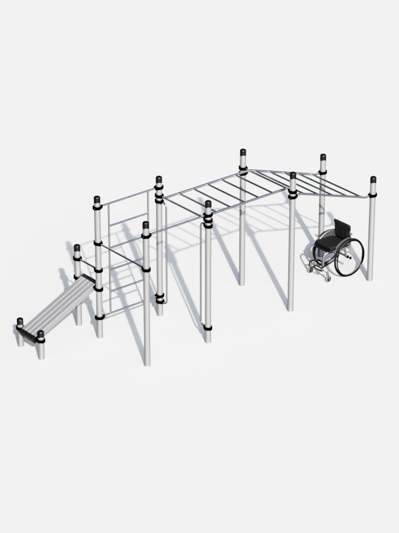 Barrierefreie Calisthenics-Station ActiveTogether – inklusive Fitnessanlage mit schrägen Hangelstrecken, Trainingsbank und Zugstangen. Optimal für Bewegung und Kraftaufbau für Menschen mit und ohne Einschränkungen.