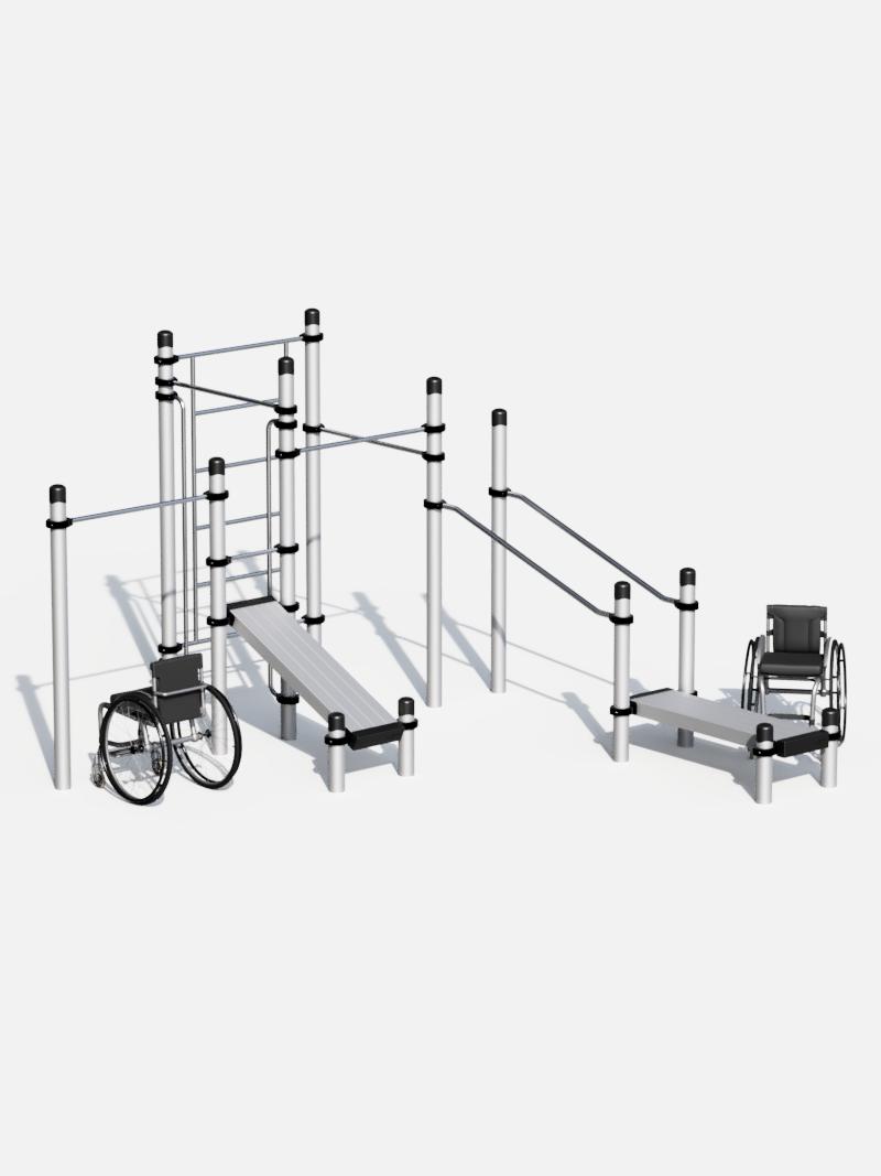 Barrierefreie Workout Station – MAX Ein umfangreiches Outdoor-Fitnesssystem, das speziell für die Nutzung im Rollstuhl entwickelt wurde. Ausgestattet mit Rampen, Trainingsbänken und Klimmzugstangen, fördert es Kraft, Koordination und Mobilität. Ideal für Parks und barrierefreie Sportanlagen.