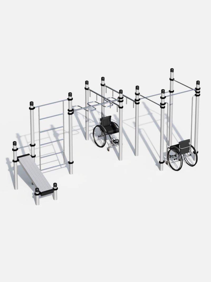 Barrierefreie Workout-Station Super: Ideal für Rollstuhlfahrer und Personen mit eingeschränkter Mobilität. Diese Station bietet eine Vielfalt an Trainingsmöglichkeiten, darunter Klimmzuggriffe, Hangelstrecken und parallele Barren, um Kraft, Ausdauer und Mobilität zu fördern.