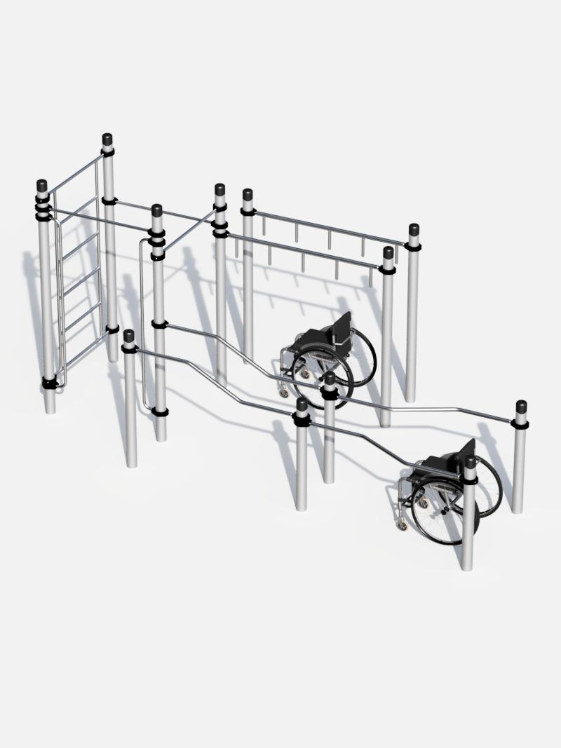 Barrierefreie Trainingsstation ‘InclusiveFit Pro’ mit Sprossenwand, Hangelstrecke und speziellen Handläufen, ideal für inklusives Outdoor-Training und Rollstuhlfahrer.