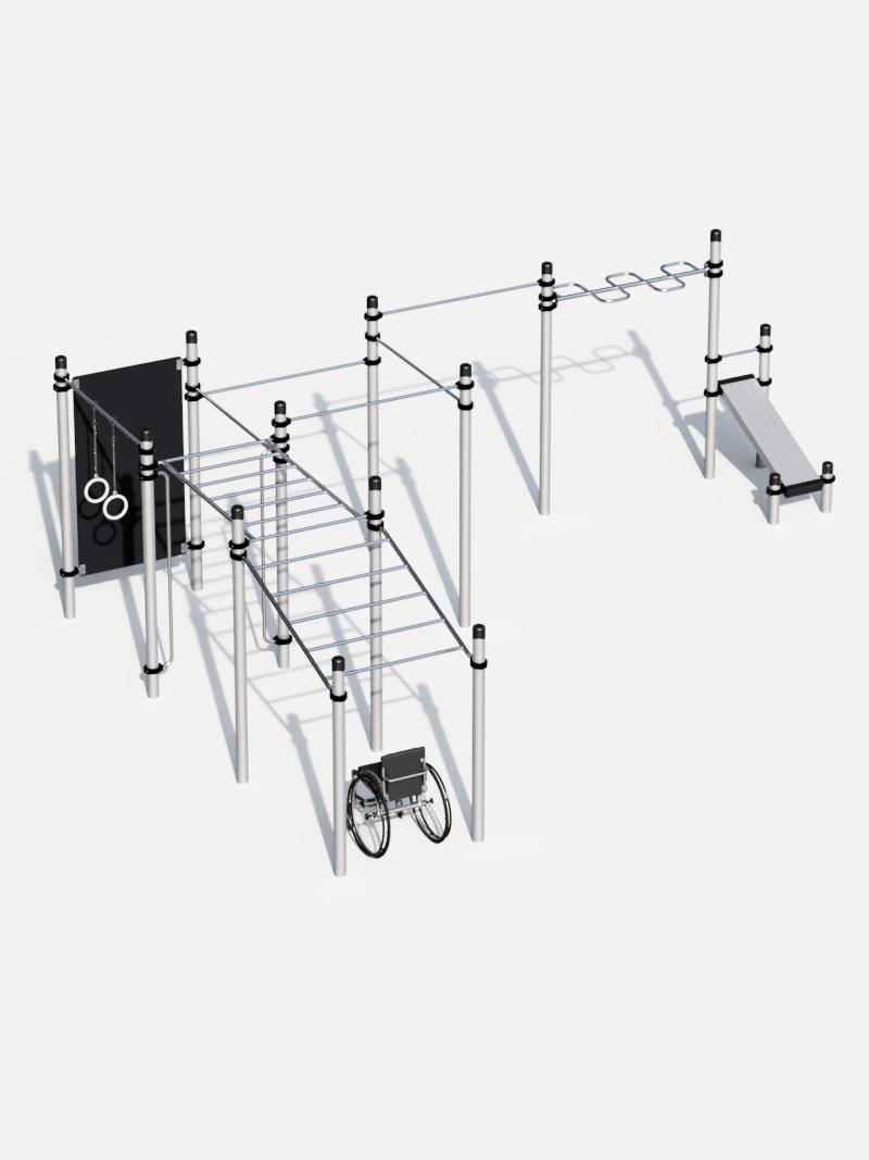 Barrierefreie Calisthenics-Station ‘Pro’ mit Hangelstrecken, Ringen, Kletterwand und Rollstuhlzugang, ideal für integrative Outdoor-Fitnessanlagen