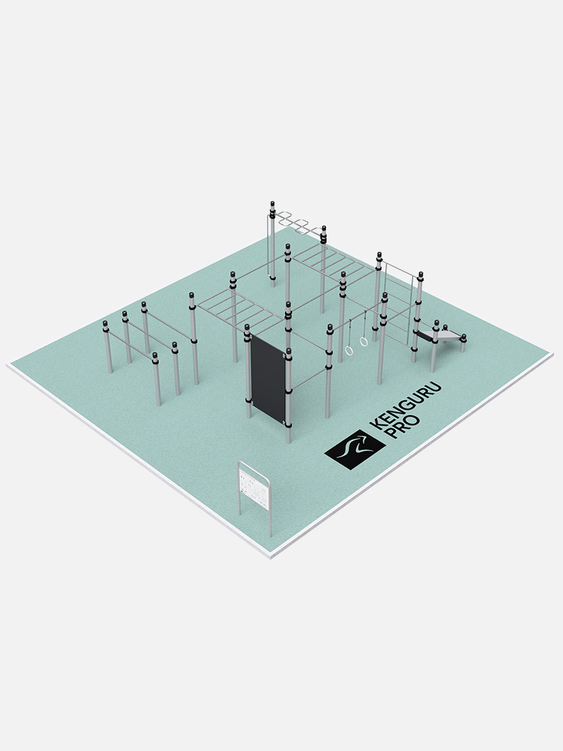 Calisthenics-Anlage Avantgarde von Kenguru Pro, ein modernes Design mit vielfältigen Trainingsmöglichkeiten. Ausgestattet mit Ringen, Kletterelementen und Sprossenwänden, ist diese Anlage ideal für öffentliche Parks und Fitnessareale.