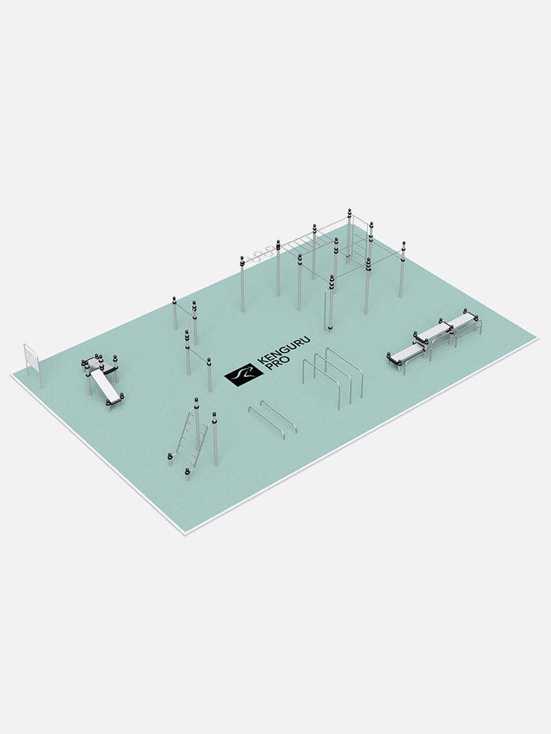 Calisthenics-Anlage Berlin Cheruskerpark von Kenguru Pro, eine großflächige Fitnesslösung für Outdoor-Training. Mit mehreren Klimmzugstangen, Klettergerüsten und Fitnessbänken bietet sie ideale Voraussetzungen für Sportplätze und öffentliche Parks.