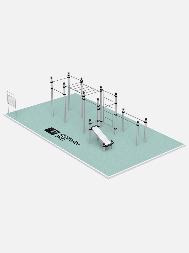 Calisthenics-Anlage Compact von Kenguru Pro, eine vielseitige Outdoor-Trainingsstation mit Klimmzugstangen, Sprossenwand und Fitnessbank. Perfekt für Parks, Sportplätze und kleinere Fitnessbereiche geeignet.