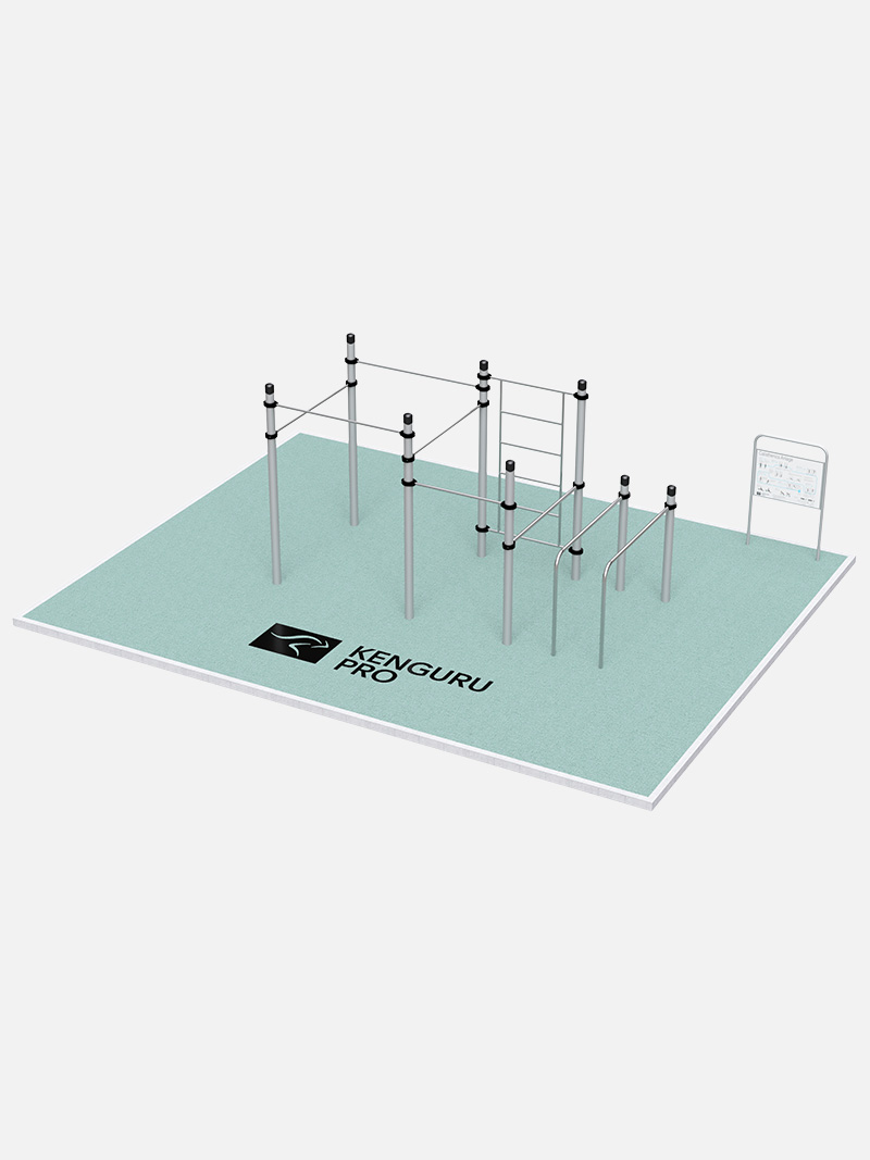 Calisthenics-Anlage Freestyle von Kenguru Pro, ideal für kreative Trainingsroutinen. Mit Klimmzugstangen, Sprossenwänden und Parallelbarren bietet sie vielseitige Übungsmöglichkeiten. Perfekt für Parks, Sportstätten und Outdoor-Fitnessbereiche.