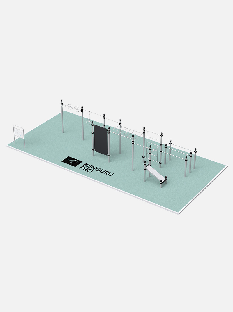 Calisthenics-Anlage Long von Kenguru Pro, eine längliche Outdoor-Fitnessstation mit Klimmzugstangen, Ringen, Sprossenwänden und einer Fitnessbank. Ideal für Parks, Sportplätze und öffentliche Trainingsflächen.