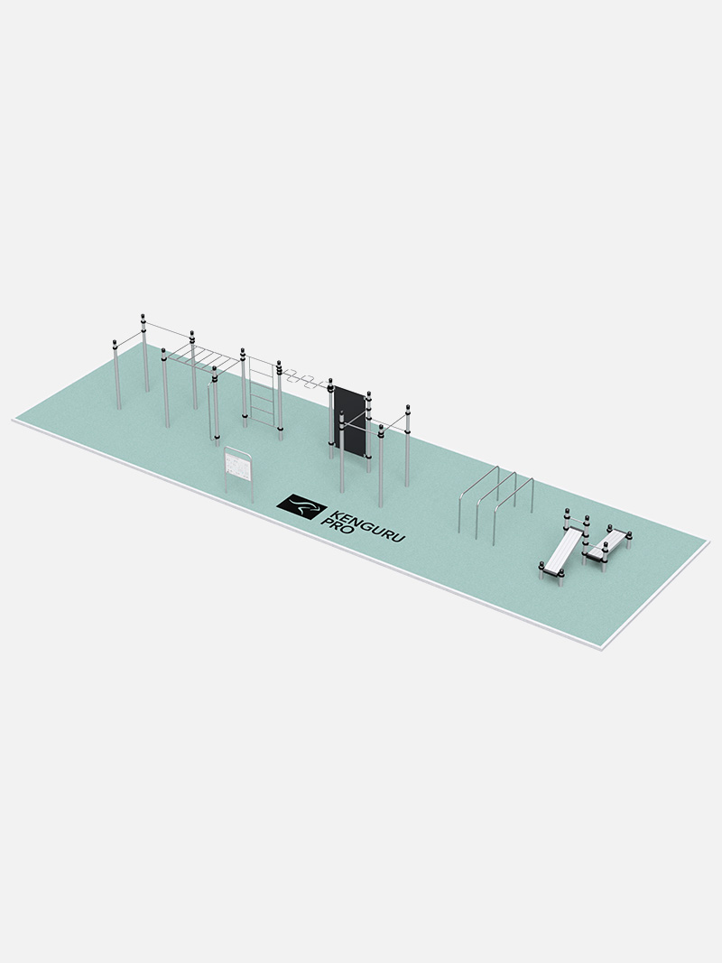Calisthenics-Anlage Raunheim von Kenguru Pro, eine großzügige Outdoor-Trainingsanlage mit vielfältigen Elementen wie Klimmzugstangen, Sprossenwänden und Fitnessbänken. Ideal für öffentliche Parks, Sportstätten und Fitnessareale.