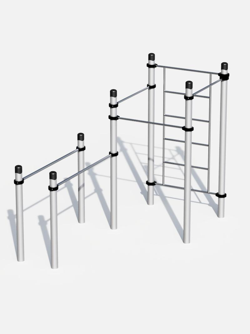 Calisthenics Cube mit Parallelbarren von Kenguru Pro, eine vielseitige Trainingsstation für Kraft- und Körpergewichtstraining. Ausgestattet mit Klimmzugstangen, Sprossenwand und Parallelbarren, ideal für Parks, Schulhöfe und Fitnessareale.