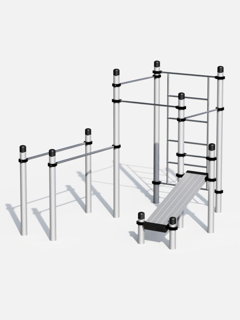 Calisthenics Cube von Kenguru Pro mit Trainingsbank und Parallelbarren, ideal für vielseitiges Körpergewichtstraining. Ausgestattet mit Klimmzugstangen, Sprossenwand und einer Bank für Sit-ups. Perfekt für Parks, Fitnessbereiche und Schulhöfe.