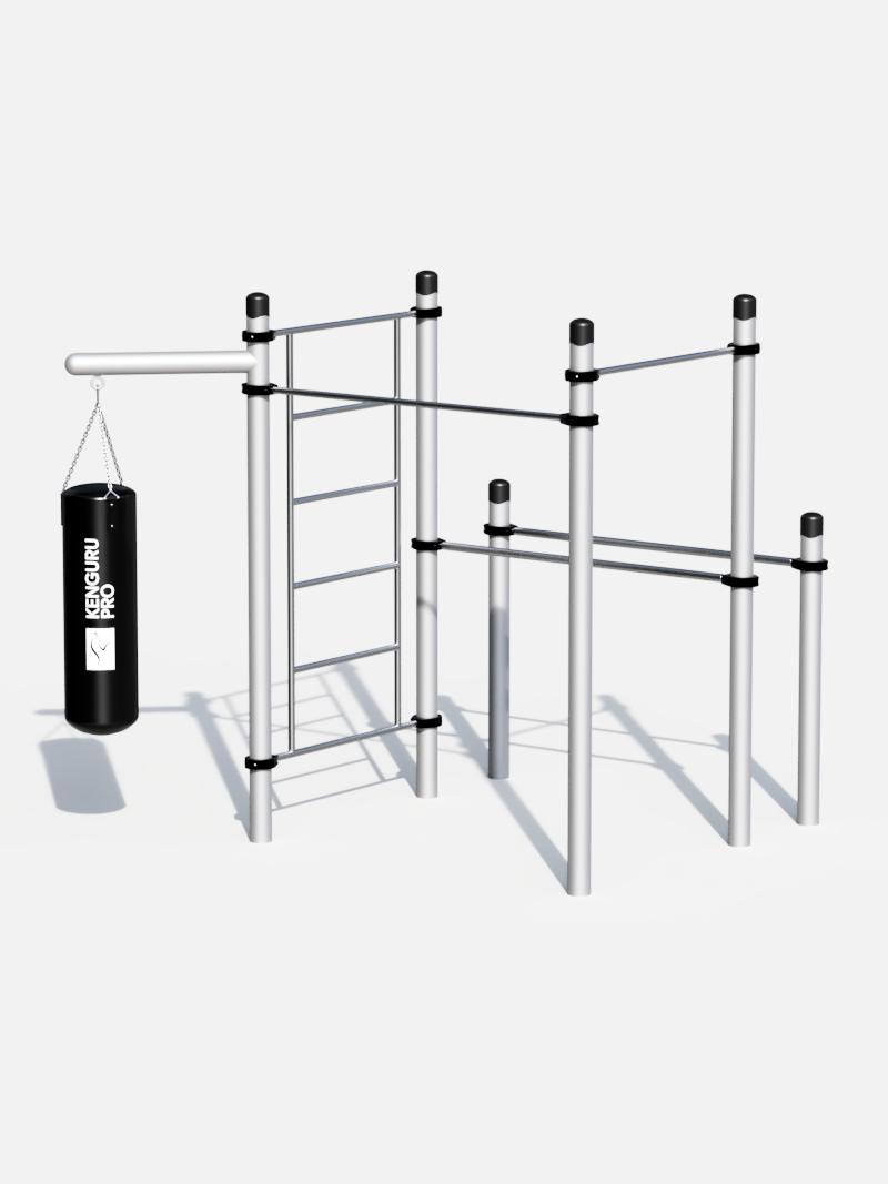 Calisthenics Fitness-Station von Kenguru Pro mit integriertem Boxsack, ideal für Ganzkörpertraining. Ausgestattet mit Sprossenwand, Klimmzugstangen und Boxsackhalterung, perfekt für Parks, Fitnessareale und Sportplätze.