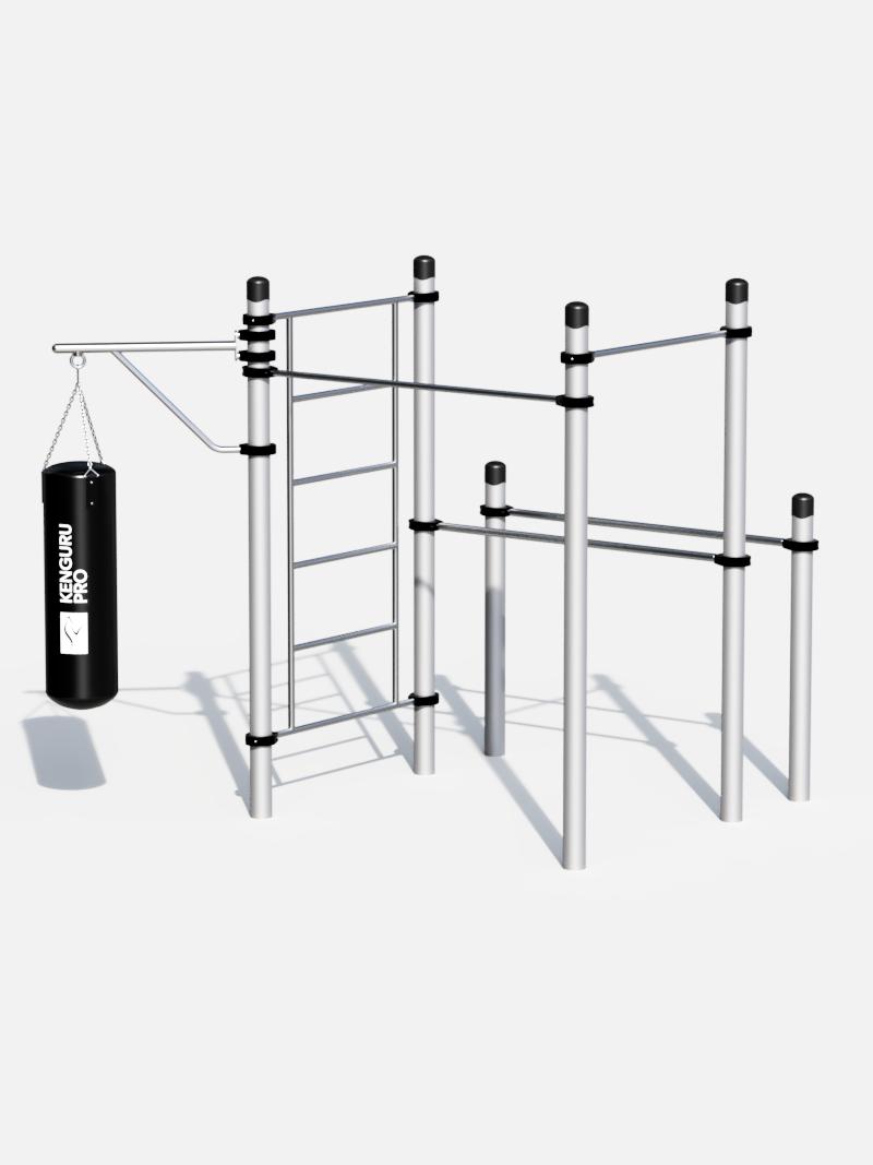 Calisthenics Fitness-Station von Kenguru Pro mit integriertem Boxsack, ideal für Ganzkörpertraining. Ausgestattet mit Sprossenwand, Klimmzugstangen und Boxsackhalterung, perfekt für Parks, Fitnessareale und Sportplätze.