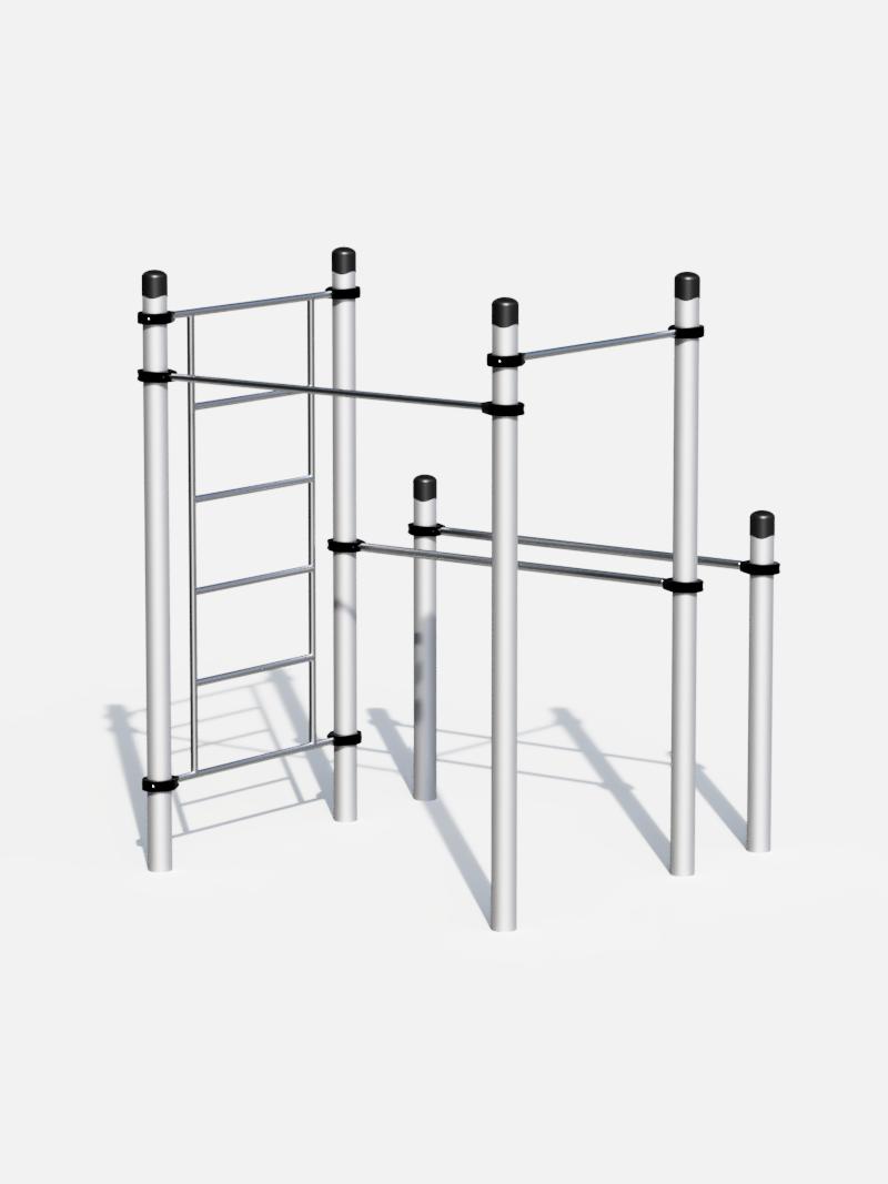Calisthenics Fitness-Station von Kenguru Pro, ausgestattet mit einer Sprossenwand, Klimmzugstangen und Dip-Barren. Ideal für multifunktionales Training in öffentlichen Parks und Fitnesszonen.