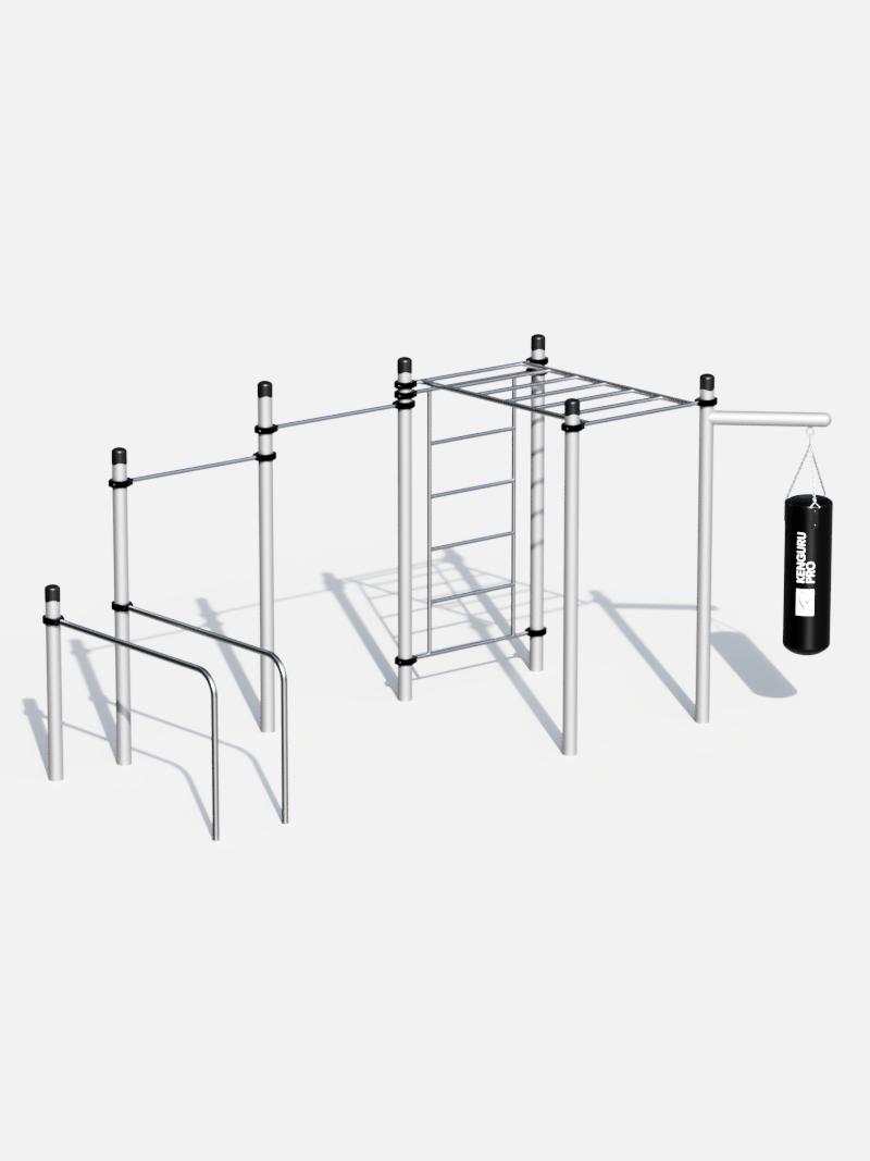 Calisthenics Fitness-Station Pro mit Boxsack von Kenguru Pro, ausgestattet mit Klimmzugstangen, einer Sprossenwand, Dip-Barren und einer Boxsackhalterung. Perfekt für vielseitige Outdoor-Trainingsmöglichkeiten und Kampfsportübungen.