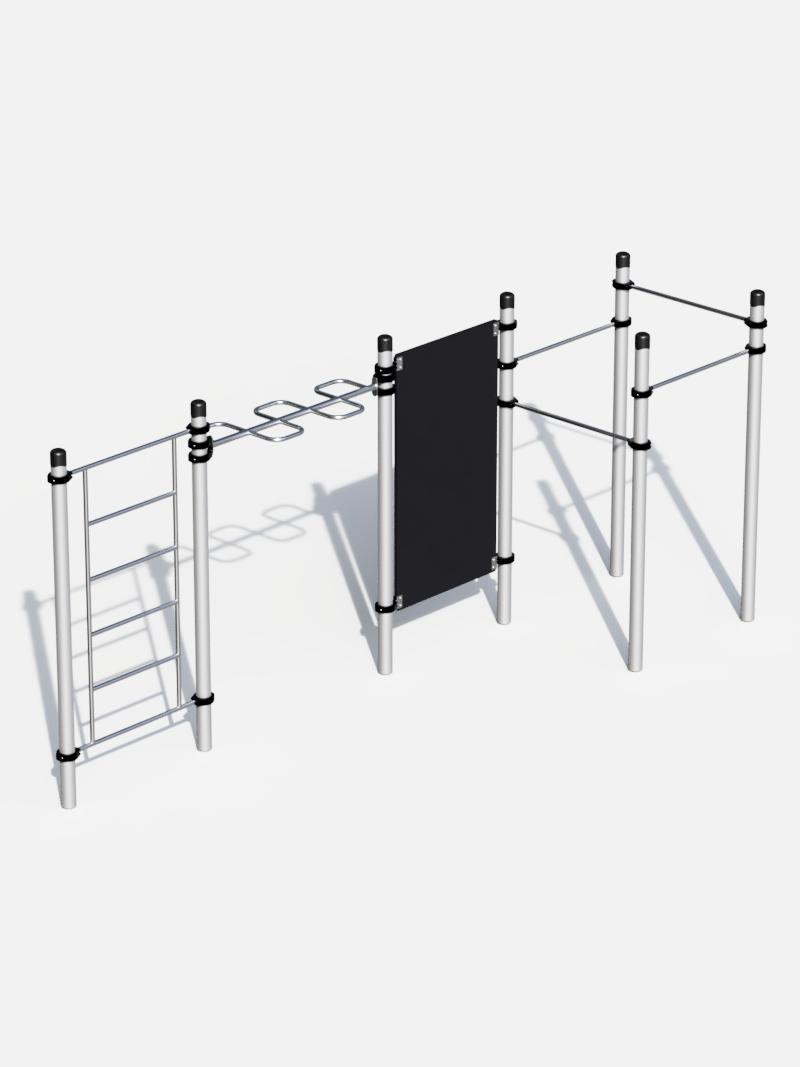 Calisthenics-Gerät mit Sprossenwand und Monkey Bar von Kenguru Pro – ideal für ein umfassendes funktionelles Training. Die Kombination aus Kletterelementen und Trainingswand bietet zahlreiche Übungsmöglichkeiten für Kraft und Beweglichkeit.