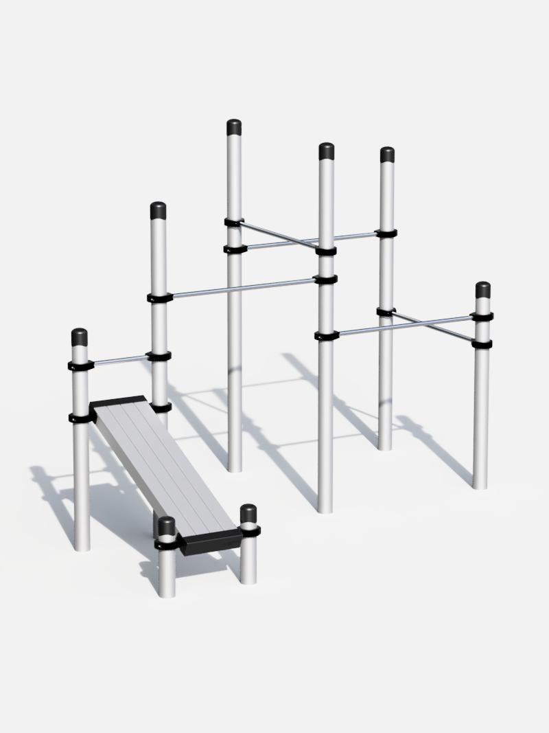 Calisthenics Gerät mit fünf Reckstangen und Schrägbank von Kenguru Pro – ausgestattet mit mehreren Reckstangen und einer stabilen Schrägbank. Optimal für Übungen wie Klimmzüge, Dips und Bauchtraining.