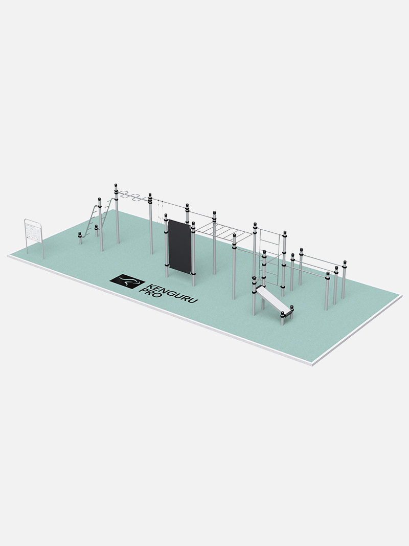 Calisthenics Workout Anlage Long von Kenguru Pro, eine erweiterte Outdoor-Trainingsstation mit zusätzlichen Elementen wie Klimmzugstangen, Ringen, Sprossenwänden und einer Fitnessbank. Perfekt geeignet für Parks, Sportplätze und öffentliche Fitnessbereiche.