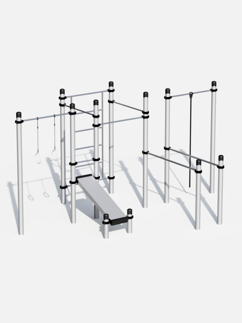 Calisthenics Active Motion Station mit Kletterseil, Ringen, Sit-up-Bank und vielseitigen Trainingsmodulen, perfekt für Outdoor-Fitness und urbane Sportanlagen.