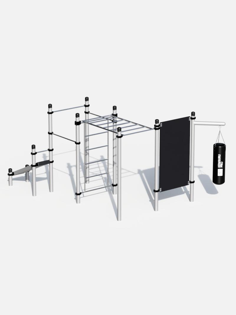 Eine vielseitige Calisthenics Station mit Boxsack für Outdoor-Workouts, ausgestattet mit einer Schrägbank, einer Sprossenwand, einer Monkey-Bar, Reckstangen, einer Handstandwand und einem Boxsack. Die robuste Konstruktion aus Metall bietet zahlreiche Trainingsmöglichkeiten, darunter Kraft-, Ausdauer- und Koordinationsübungen.