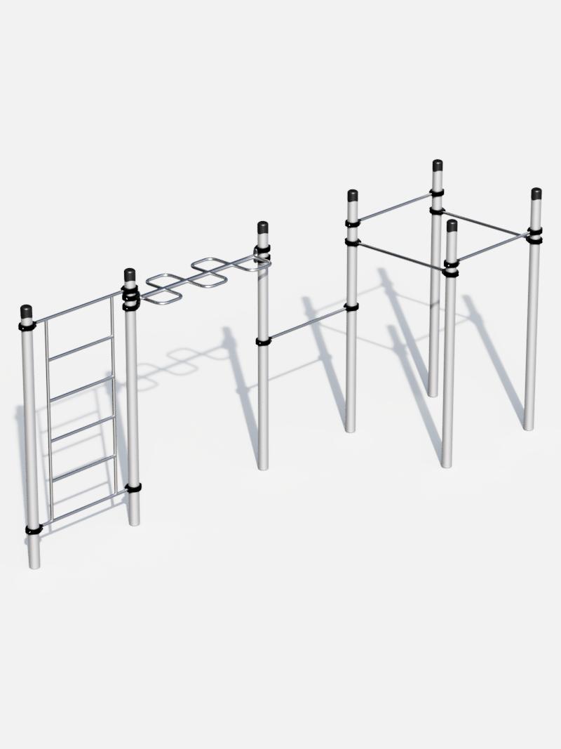 Calisthenics Station mit Bogenhangelleiter, Sprossenwand und Mehrfach-Reckstangen. Die Konstruktion aus Metall bietet verschiedene Trainingsmöglichkeiten für Kraft und Beweglichkeit.
