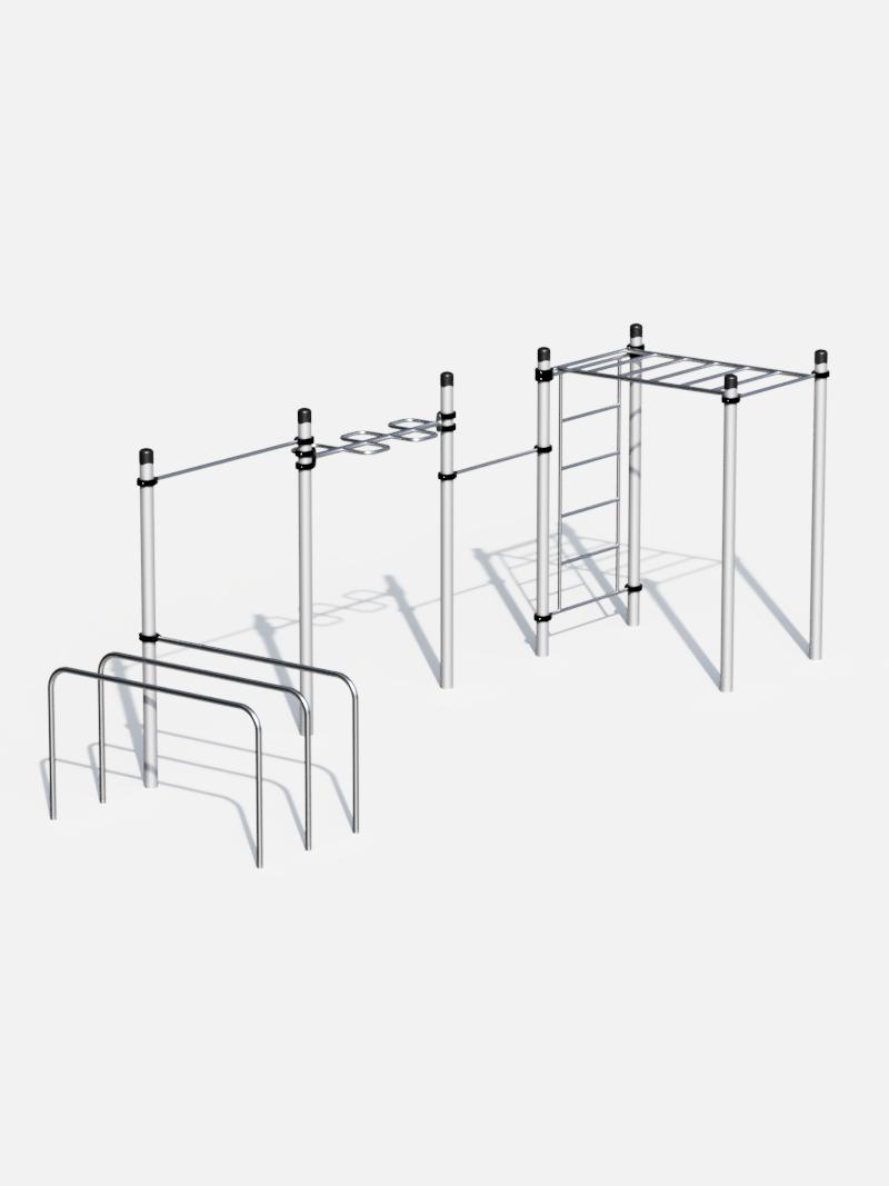 Calisthenics Trainingsstation – CommunityFit als kompakte Outdoor-Fitnessanlage mit verschiedenen Elementen wie Klimmzugstangen, Leiter und Hangelstrecke, ideal für öffentliche Sportplätze und Parks.