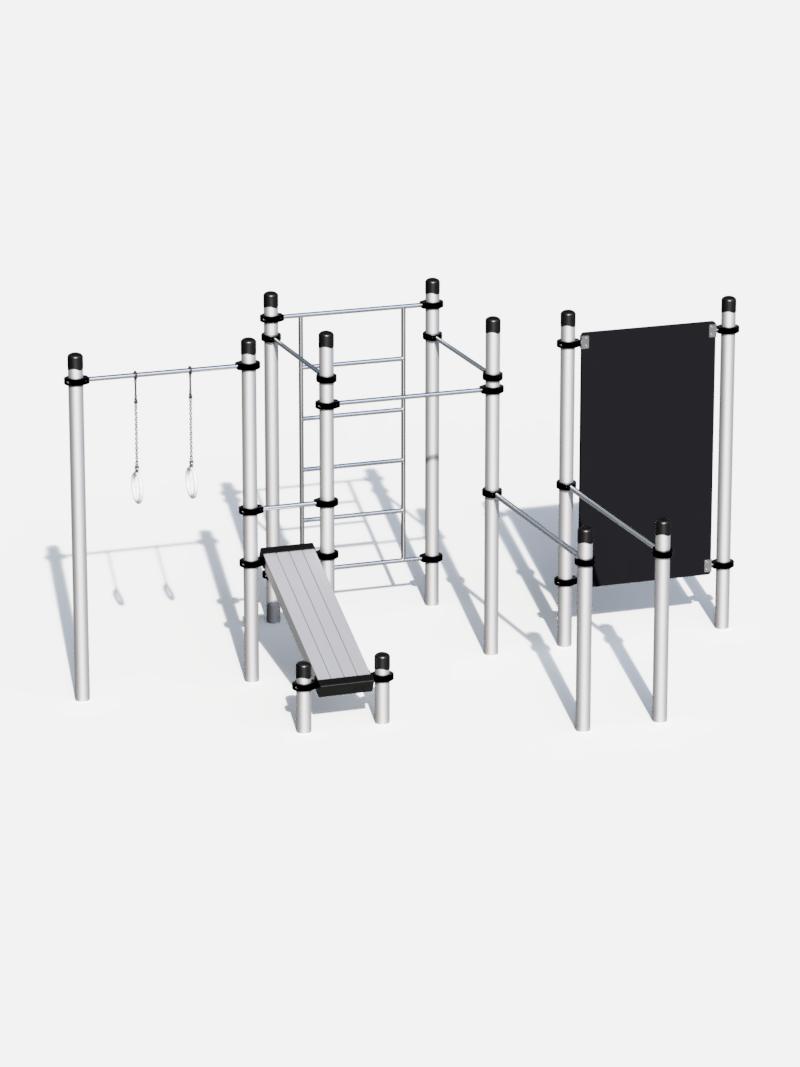 Calisthenics-Trainingsstation ‘DynamicFit Rig’ mit Ringen, Sit-up-Bank, Sprossenwand und Kletterwand, ideal für vielseitige Fitnessübungen in öffentlichen Parks und Sportanlagen.