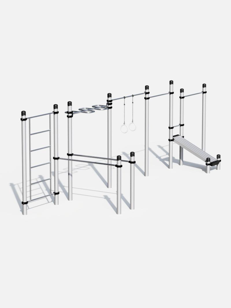 Kompakte Calisthenics-Workout-Station mit Sprossenleiter, Klimmzugstangen, Ringen und Sit-up-Bank, ideal für öffentliche Parks und Sportbereiche.