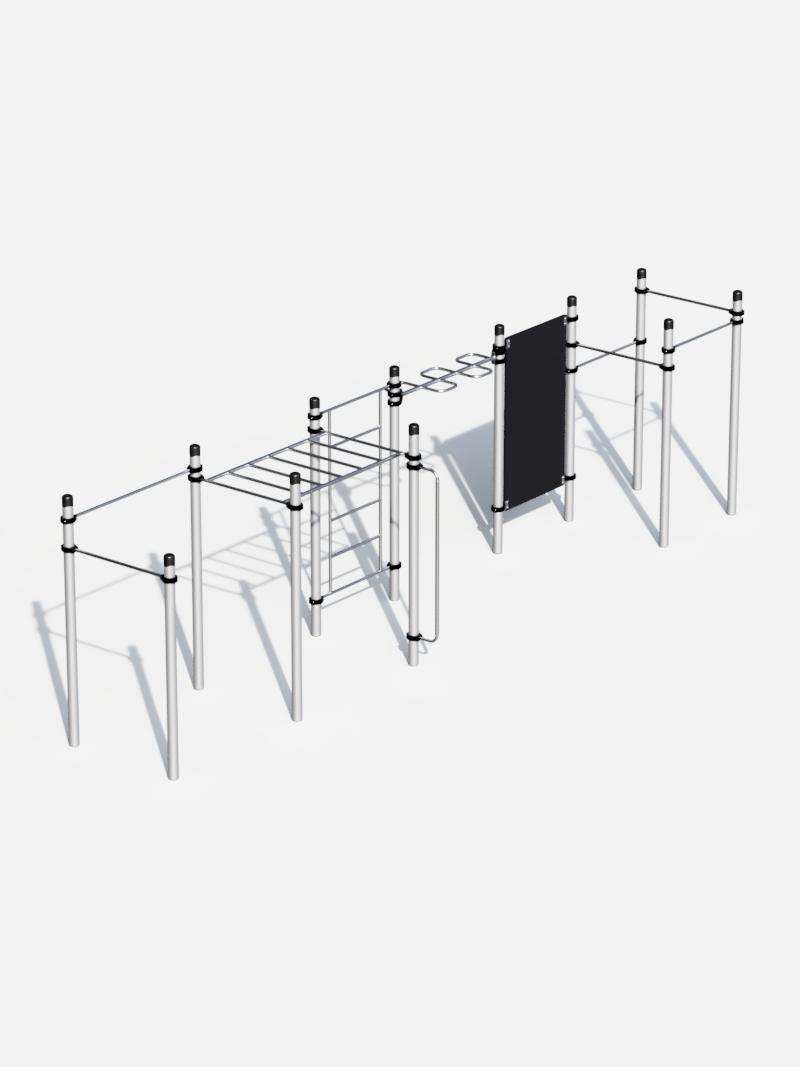 Umfassende Calisthenics-Workout-Station ‘Streetfit Max’ mit Hangelstrecken, Klimmzugstangen, vertikaler Kletterwand und weiteren Fitnessmodulen, ideal für Outdoor-Trainingsbereiche und urbane Sportplätze.