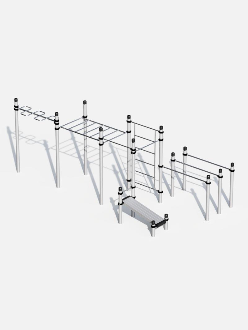 Calisthenics Workout Station – UrbanFit Pro für öffentliche Plätze und Parks, ausgestattet mit Hangelstrecken, Klimmzugstangen, Sprossenleitern und weiteren Trainingsmodulen für vielseitige Outdoor-Fitnessmöglichkeiten.