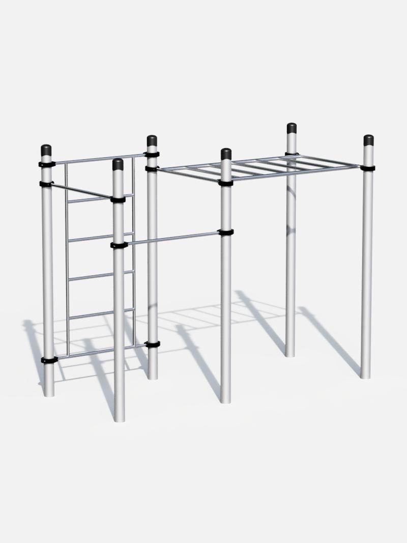 CoreFit Duo Workout-Station mit Sprossenwand und Hangelstrecke, ideal für funktionales Training und Calisthenics in Outdoor-Fitnessbereichen.
