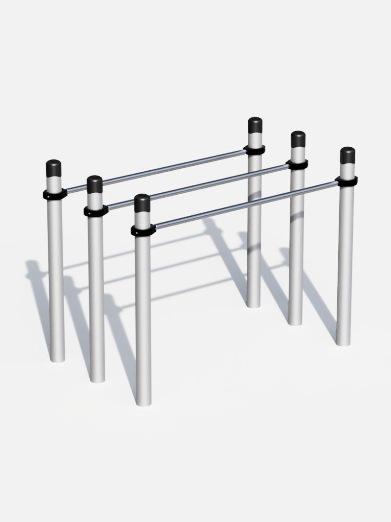 Dip-Barren mit robusten Edelstahlholmen und aluminum Standpfosten, geeignet für Calisthenics-Training und öffentliche Fitnessbereiche.