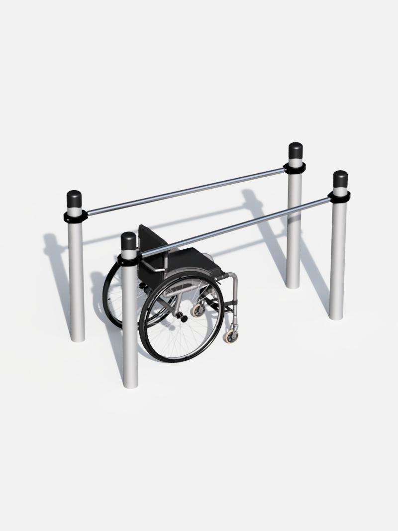 Konisch zulaufender Dip-Barren, rollstuhlgerecht gestaltet, ideal für inklusives Training und Rehabilitation in Outdoor-Fitnessbereichen.