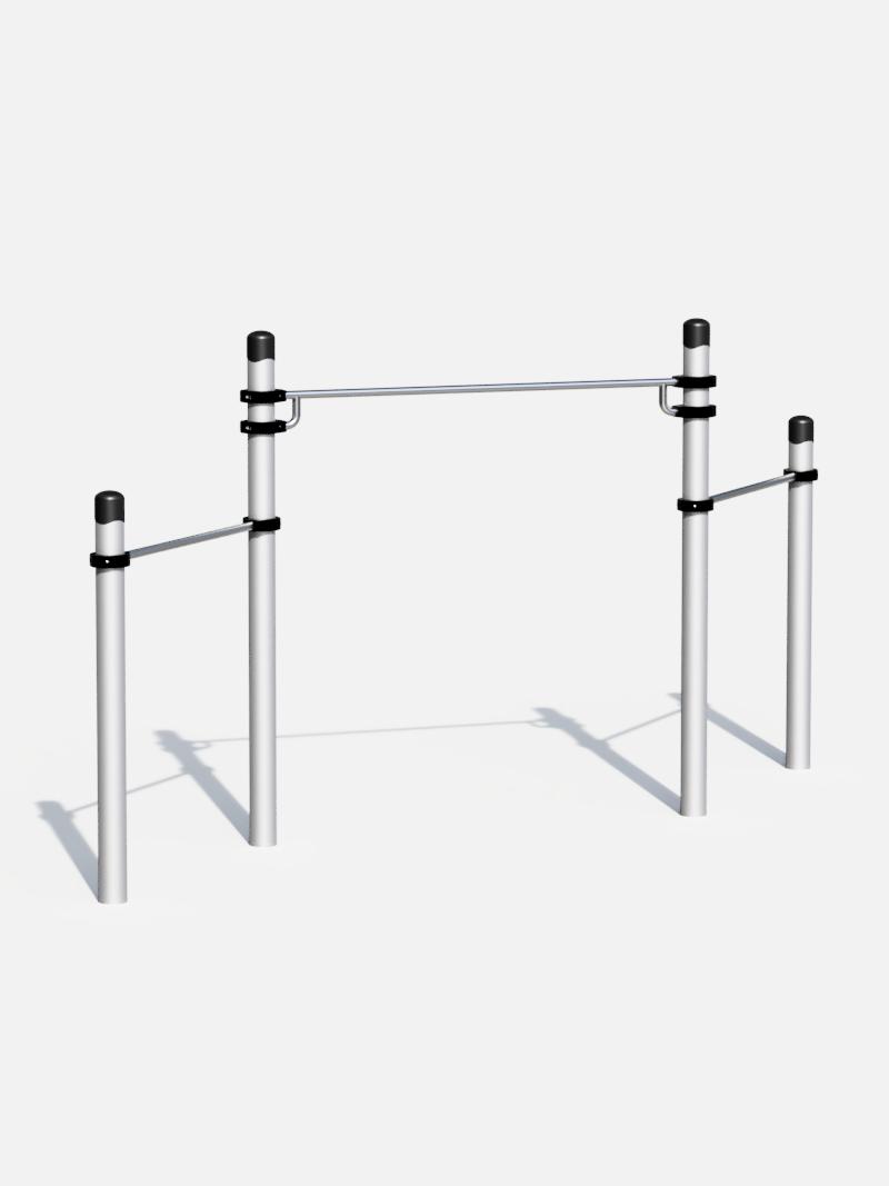 Dreifache Reckstange für Calisthenics und Freestyle-Training. Diese kompakte Trainingsstation aus robustem Metall bietet unterschiedliche Höhen für Klimmzüge und ähnliche Übungen, ideal für Outdoor-Fitness-Enthusiasten.