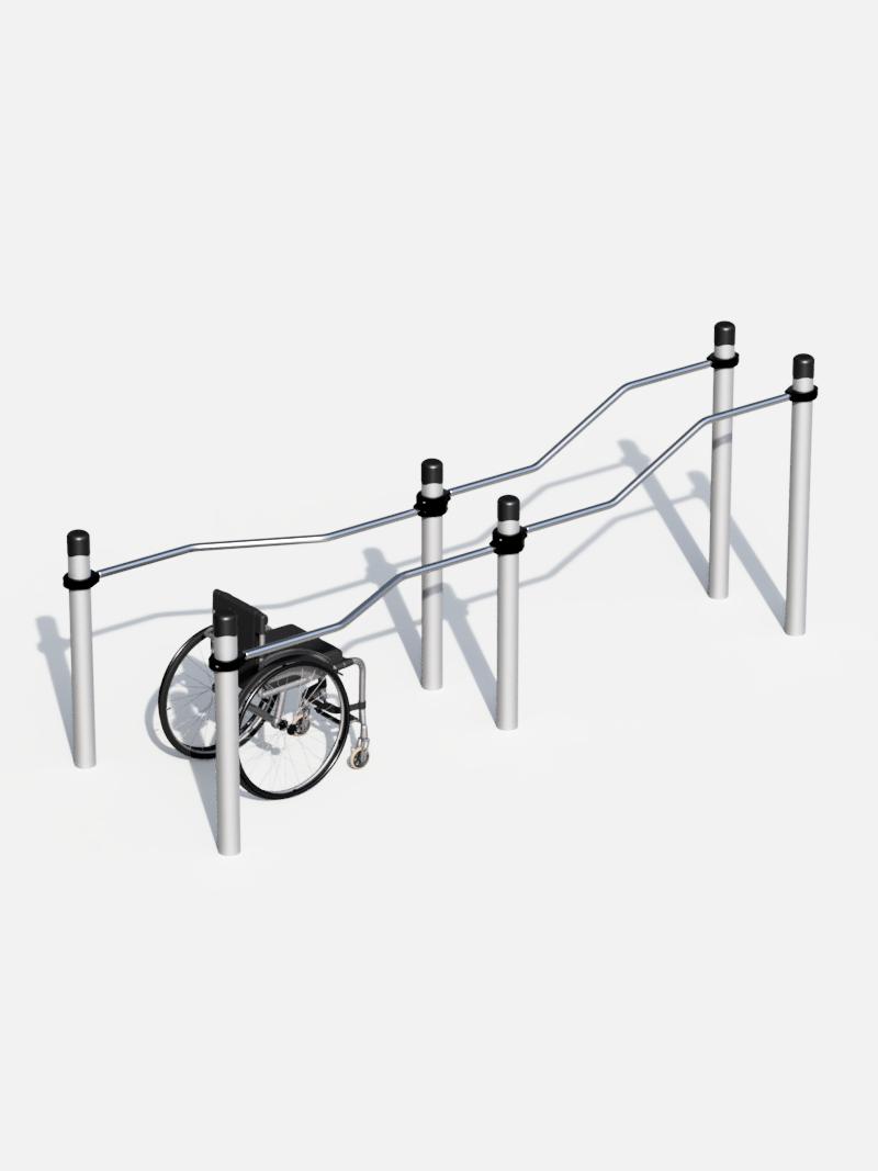 Ergonomische rollstuhlgerechte Parallelbarren – speziell entwickelt für barrierefreies Kraft- und Beweglichkeitstraining. Ideal für Rollstuhlfahrer, um Oberkörperstärke und Mobilität zu fördern. Perfekt für öffentliche Fitnessparks und Inklusionssportanlagen.