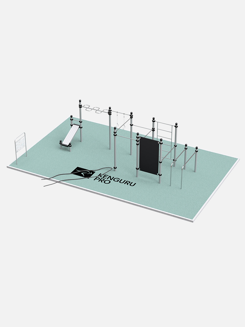 Functional Training Station, Fitnessstation von Kenguru Pro, ideal für Calisthenics und funktionelles Training. Die Station umfasst mehrere Stangen, Sprossen und Module für verschiedene Übungen. Perfekt geeignet für Gemeinden, Wohnanlagen oder öffentliche Parks.