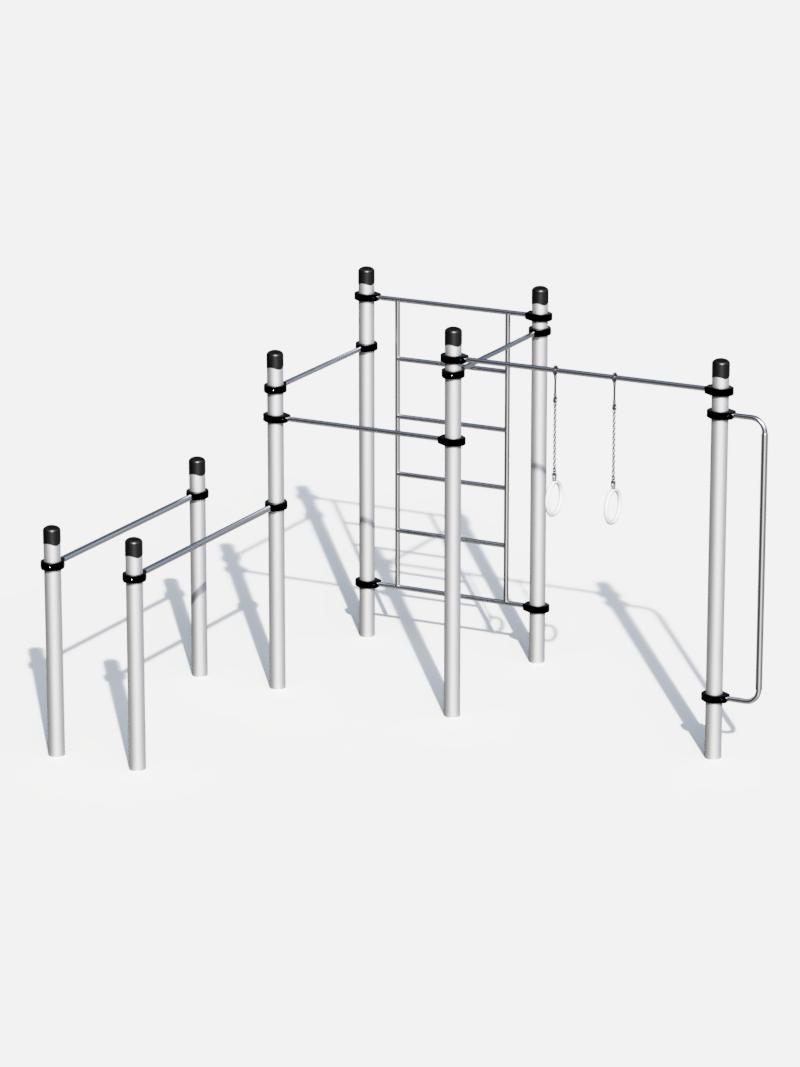 Functional Workout-Station von Kenguru Pro – ausgestattet mit Klimmzugstangen, Turnringen, Sprossenwand und Dip-Barren. Perfekt für ein ganzheitliches Bodyweight-Training und Turnübungen.