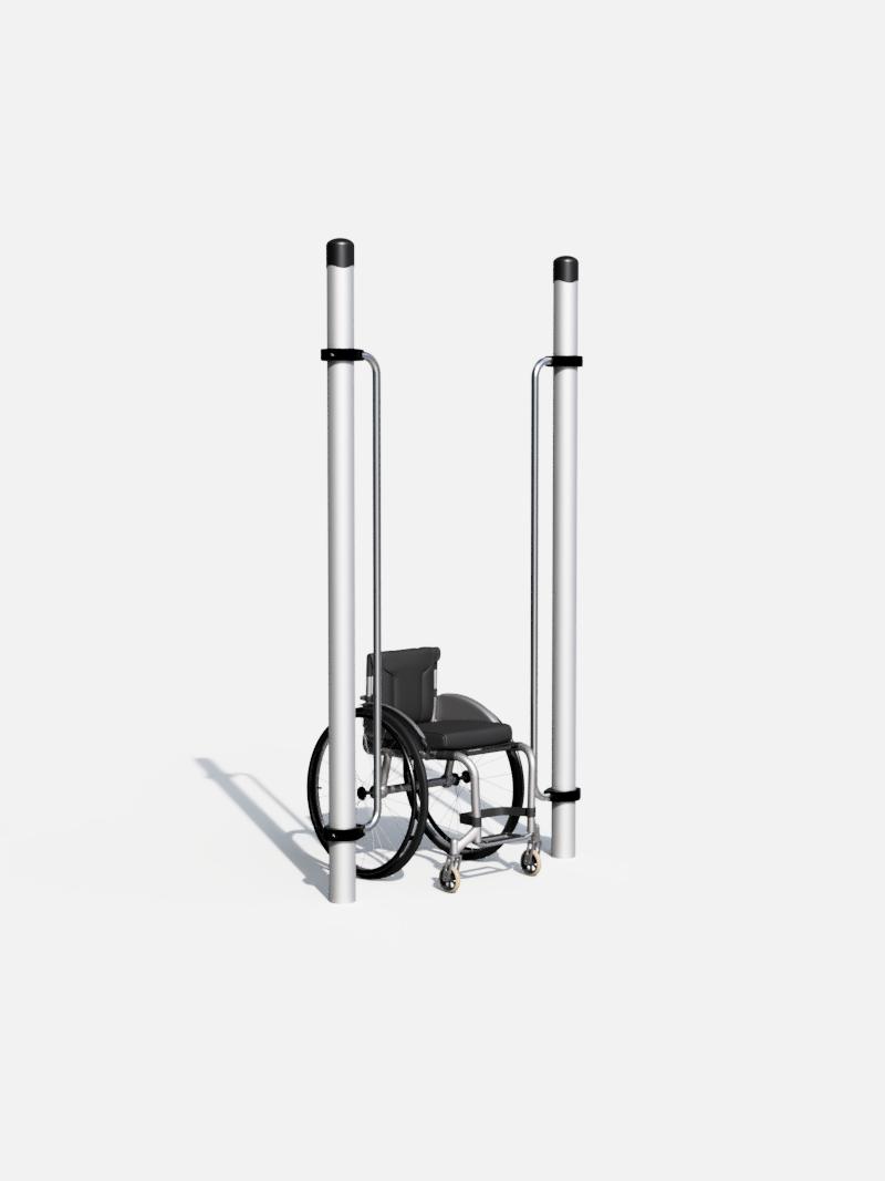 Halte- und Stützgriffe für Rollstuhlfahrer, ideal für barrierefreie Outdoor-Fitnessbereiche und Rehabilitationsübungen.