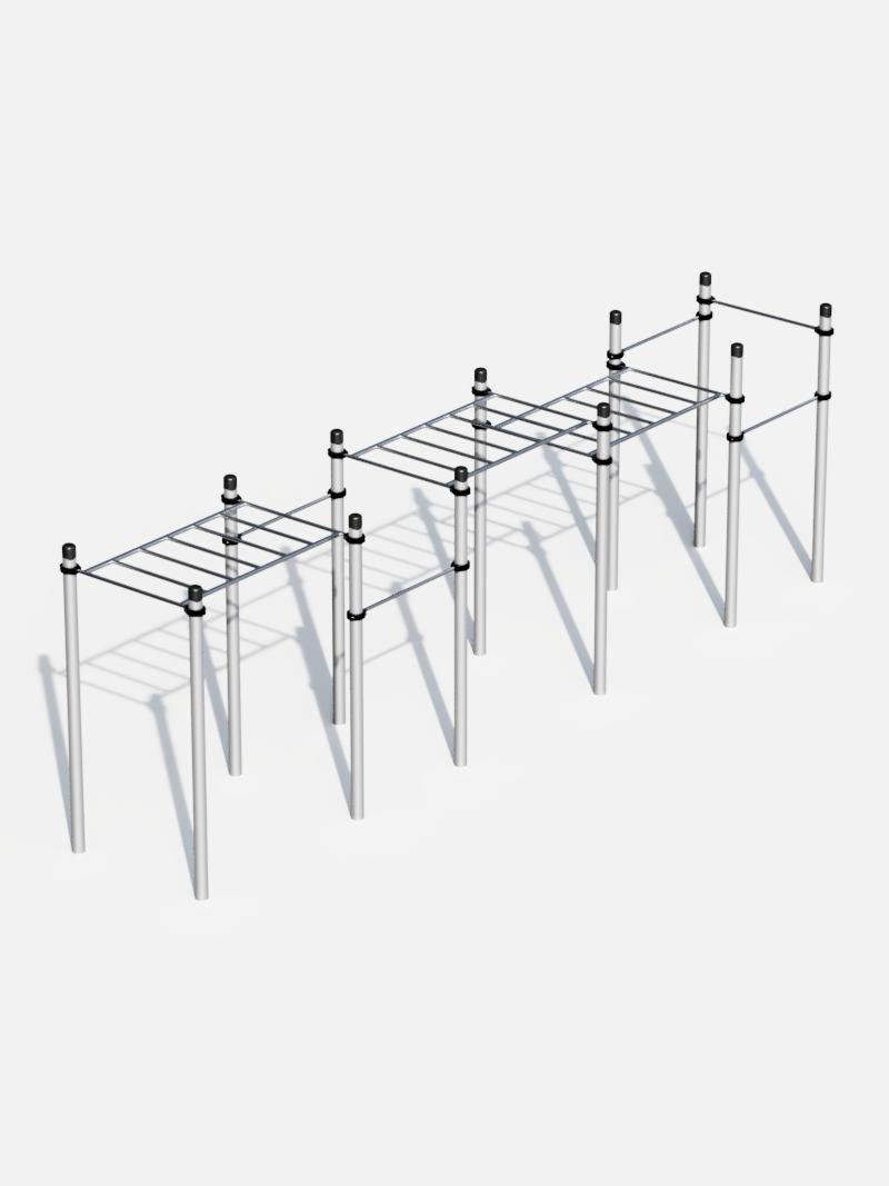Outdoor-Hangelstrecken-Station ‘TripleBar Pro’ mit mehreren Reck- und Hangelstangen, ideal für Calisthenics-Training, Kraft- und Koordinationsübungen.”