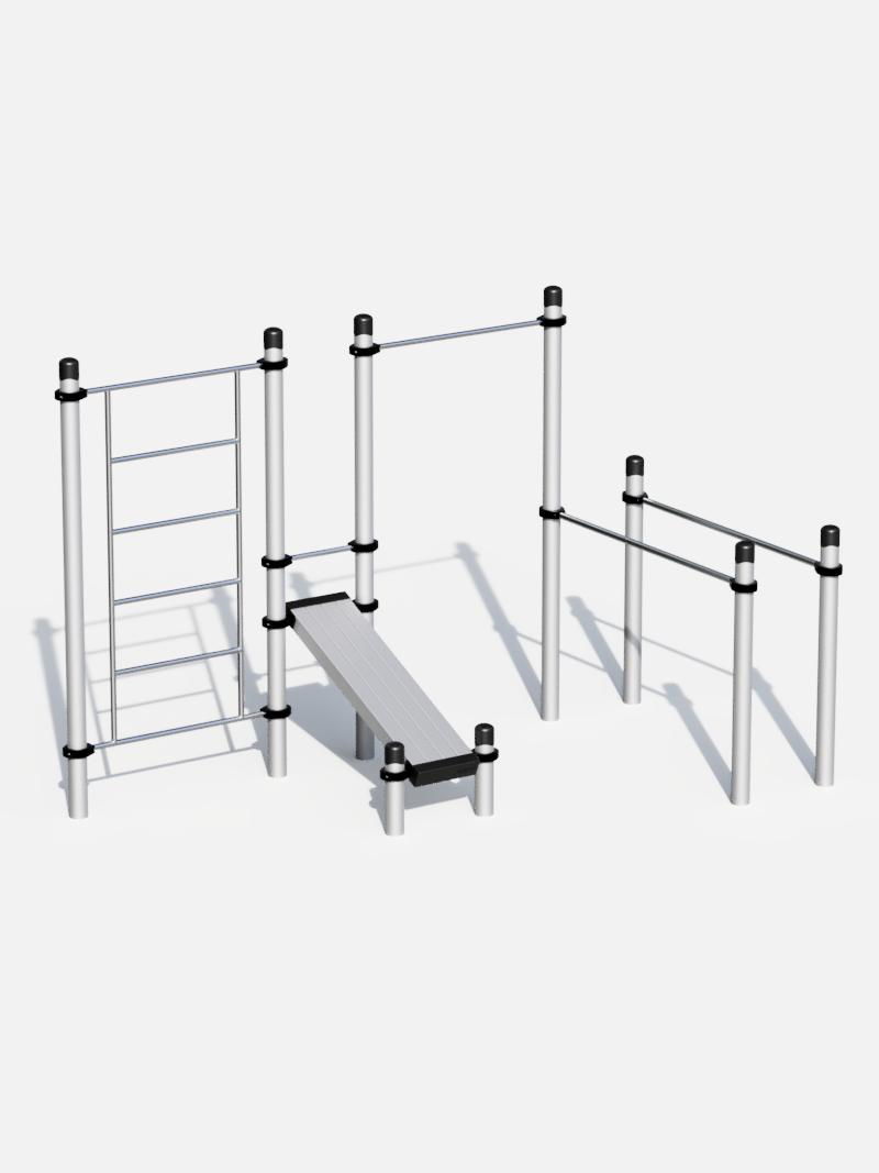 Home-Calisthenics-Station K-019 von Kenguru Pro: Diese kompakte Trainingsstation umfasst eine Sprossenwand, Schrägbank, Reckstangen und Parallelbarren. Ideal für das Heimtraining oder kleine Outdoor-Bereiche. Entwickelt für vielseitige Workouts, um Kraft, Koordination und Beweglichkeit zu fördern.