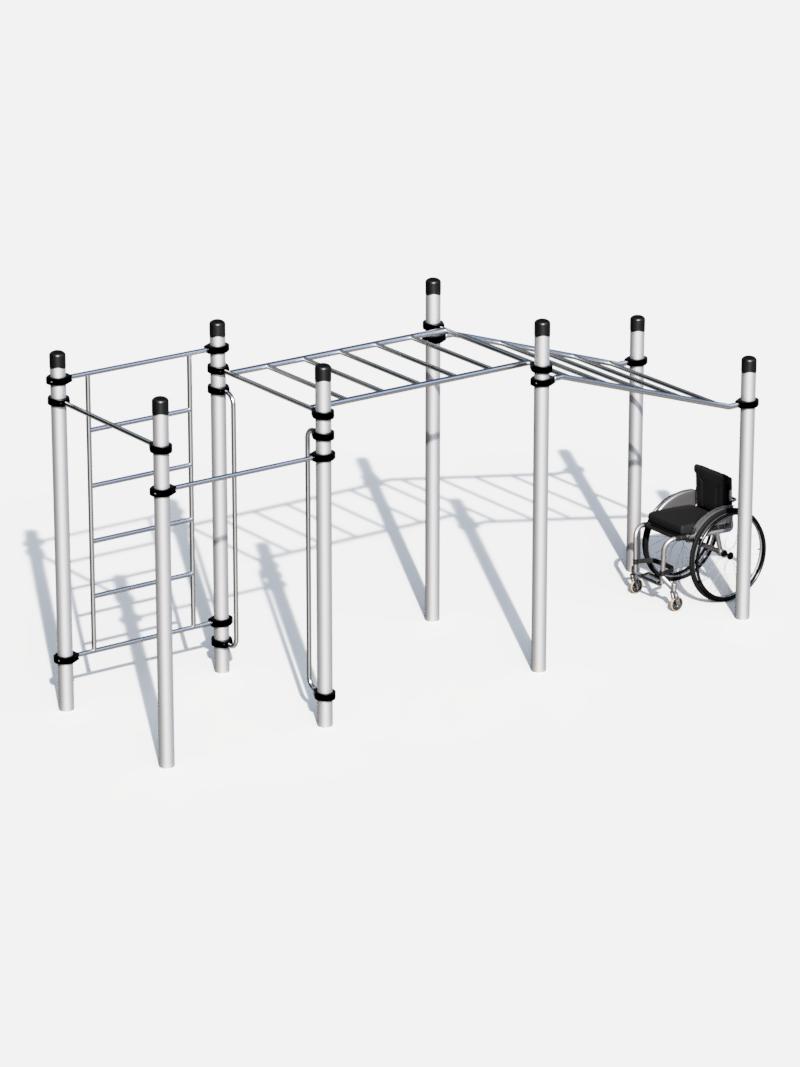 Barrierefreie Hangelstrecke mit mehrstufiger Neigung – ideal für inklusives Training und Koordination. Perfekt für öffentliche Fitnessbereiche und Rehabilitationseinrichtungen. Fördert Kraft, Ausdauer und Mobilität.