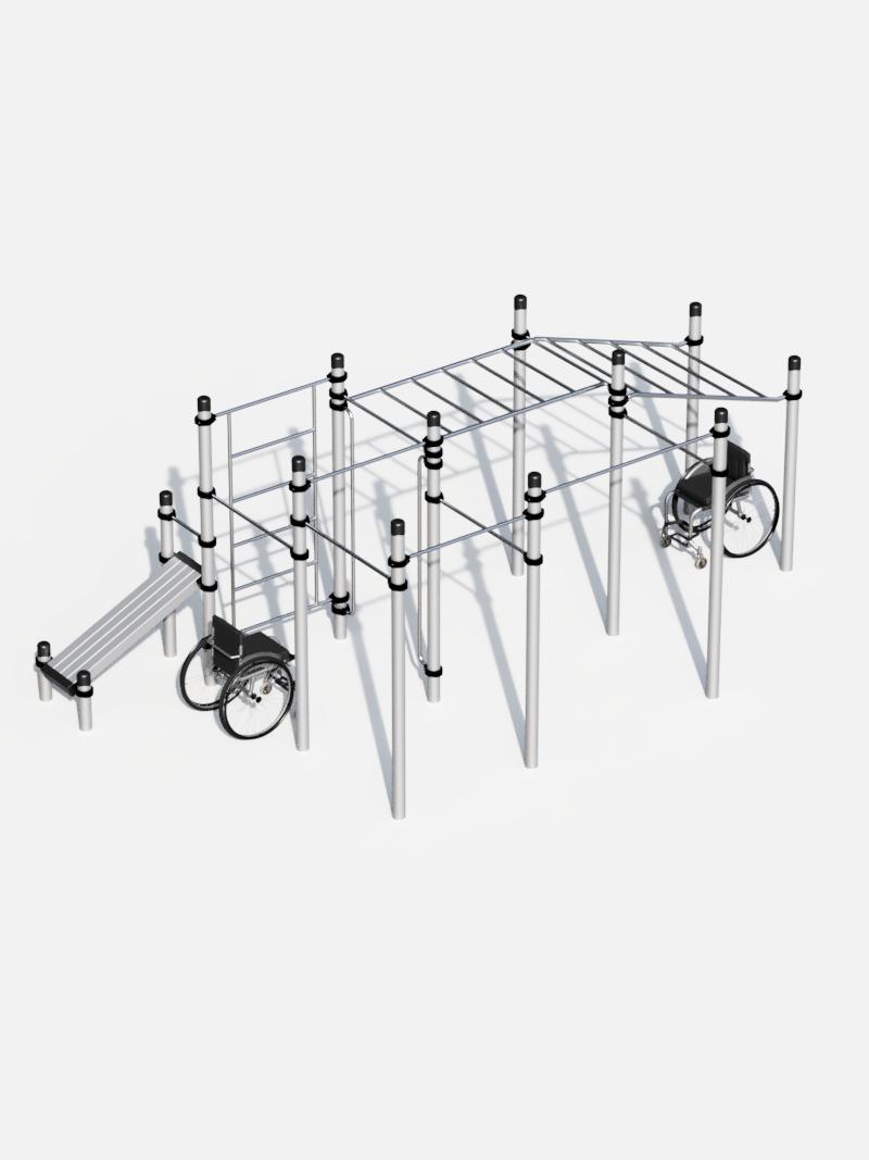 MultiLevel Outdoor-Fitnessstation für Rollstuhlfahrer, vielseitige Calisthenics-Station mit Rampen und Klettergerüsten, barrierefrei und inklusiv, perfekt für Parks und öffentliche Anlagen.
