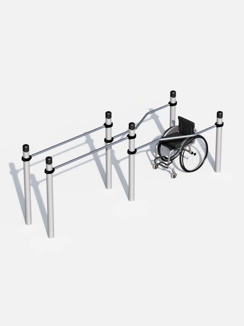 Multifunktionelle Parallelbarren: Diese barrierefreie Parallelbarren-Station ist speziell für Rollstuhlfahrer konzipiert. Sie bietet die Möglichkeit für Kraft- und Koordinationstraining mit optimierter Höhe und ergonomischem Design. Perfekt für Inklusionssportanlagen und öffentliche Fitnessparks.