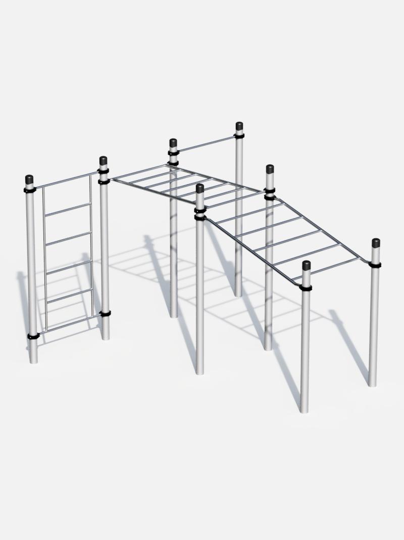 Multilevel Hangelstation mit Sprossenleiter und geneigter Hangelstrecke, ideal für Kraft- und Koordinationstraining in Outdoor-Fitnessparks.