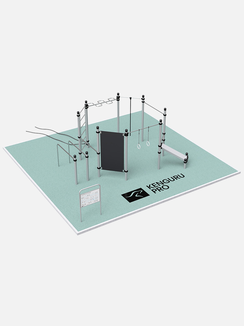 Octagon Bodyweight Calisthenics Anlage von Kenguru Pro, ein innovatives achteckiges Trainingssystem. Mit Elementen wie Klimmzugstangen, Kletterseilen, Ringen und Fitnessbänken bietet sie vielseitige Möglichkeiten für Bodyweight-Übungen. Ideal für Parks, Fitnessareale und Schulen.