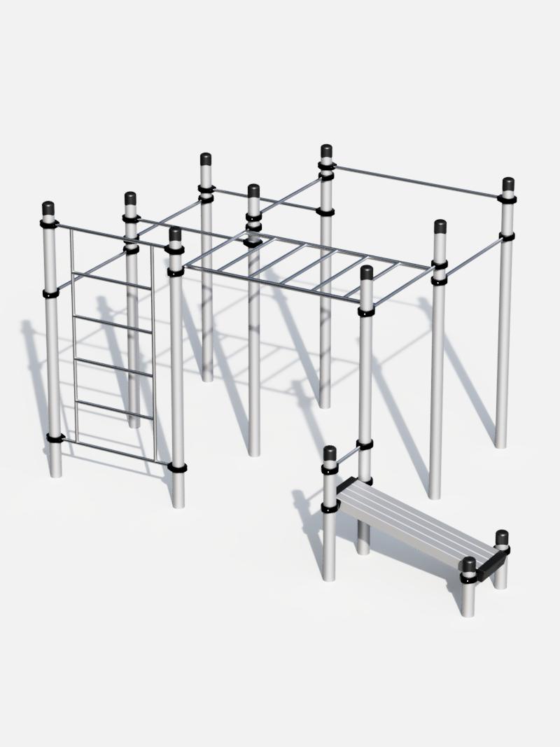 Kompakte Outdoor-Calisthenics-Station ‘StreetFit’ mit Hangelstrecke, Sprossenwand, Klimmzugstangen und Trainingsbank, ideal für öffentliche Parks und Sportplätze.