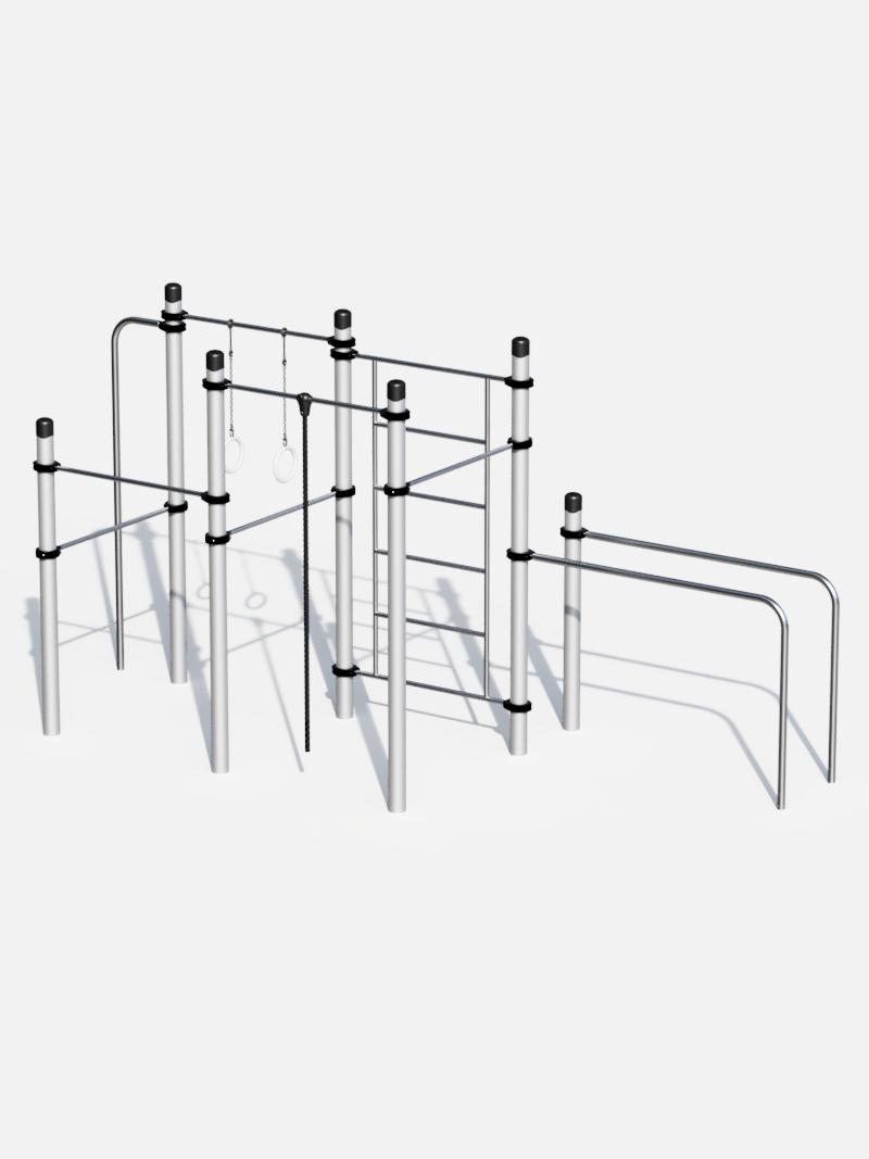 Outdoor-Fitnessstation mit vielseitigen Trainingsmöglichkeiten. Die Anlage umfasst Parallelbarren, eine Sprossenwand, Turnringe an Ketten sowie weitere Reckstangen. Das robuste Design aus Metall eignet sich ideal für Kraft-, Beweglichkeits- und Koordinationstraining.
